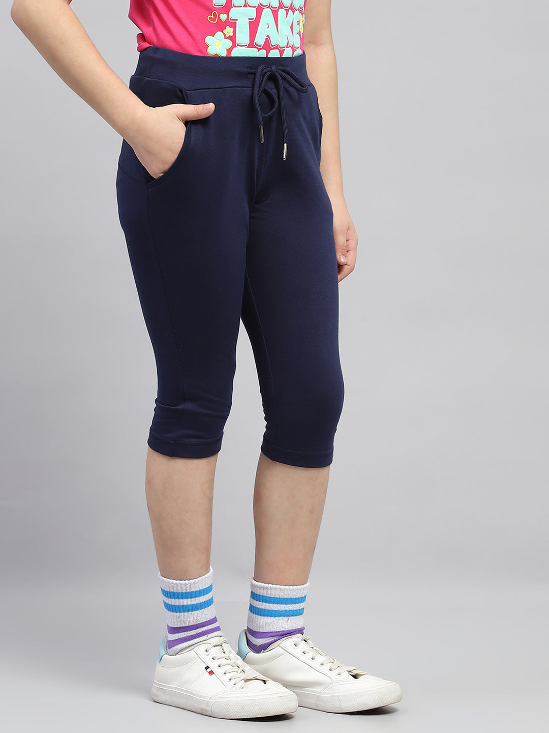 Girls Navy Blue Solid Regular Fit Capri