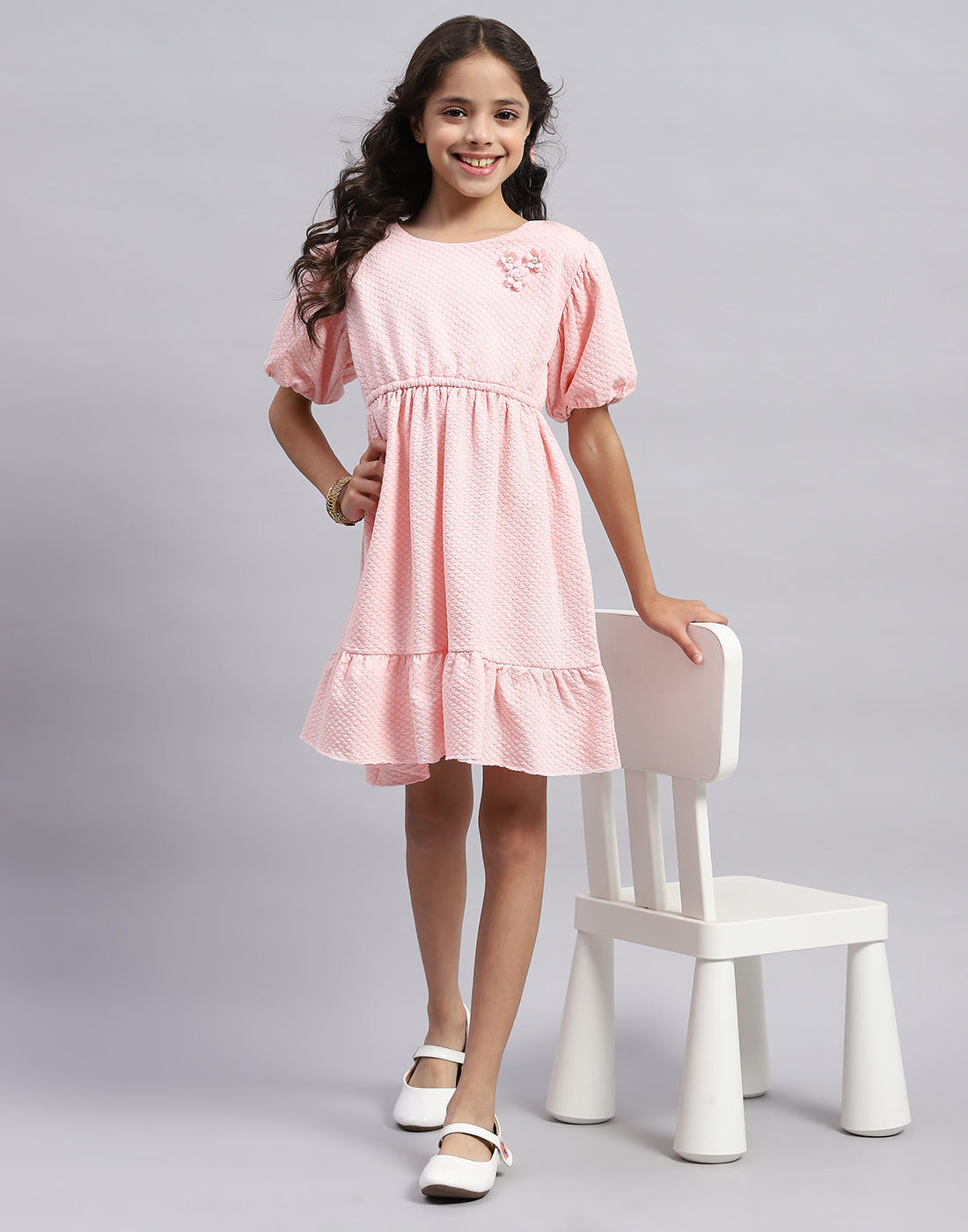 Buy Girls Pink Self Design Round Neck Half Sleeve Dress Online in