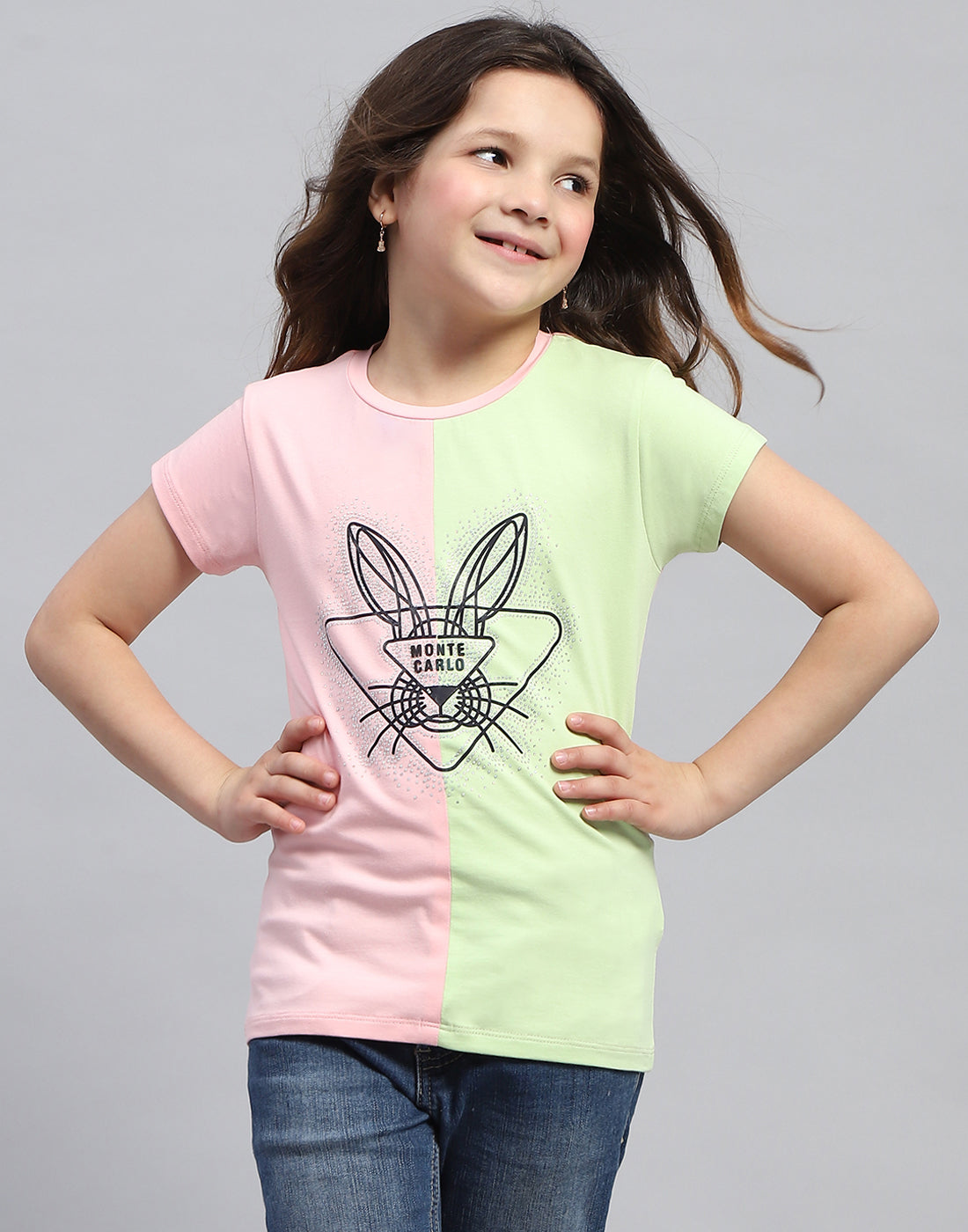 Girls Peach & Green Printed Round Neck Half Sleeve Top