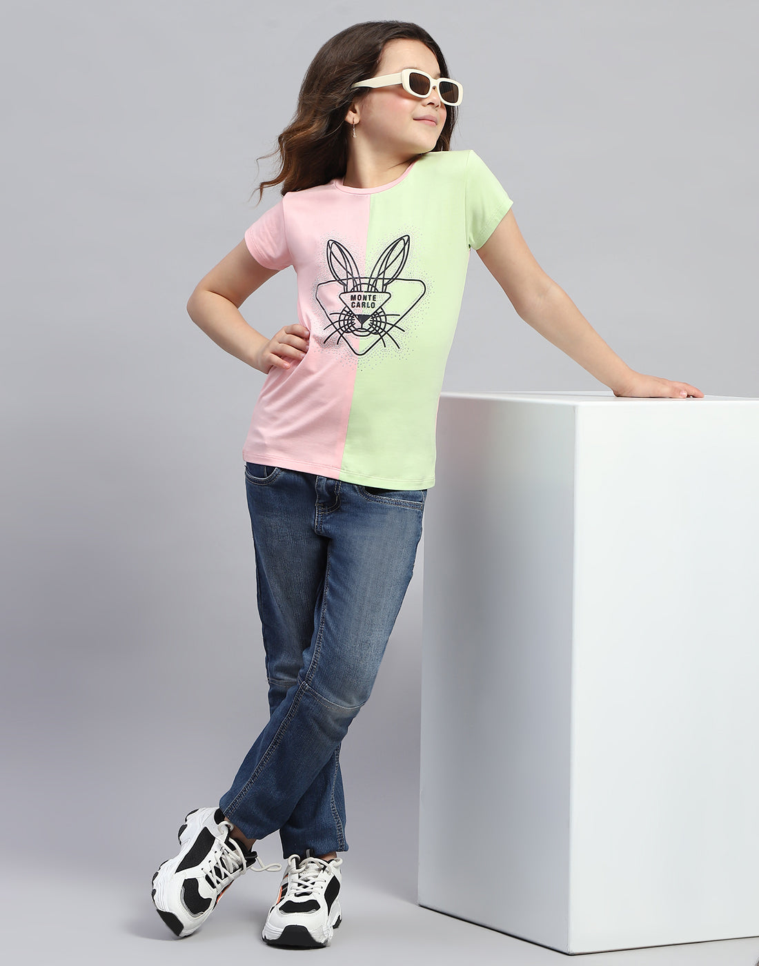 Girls Peach & Green Printed Round Neck Half Sleeve Top