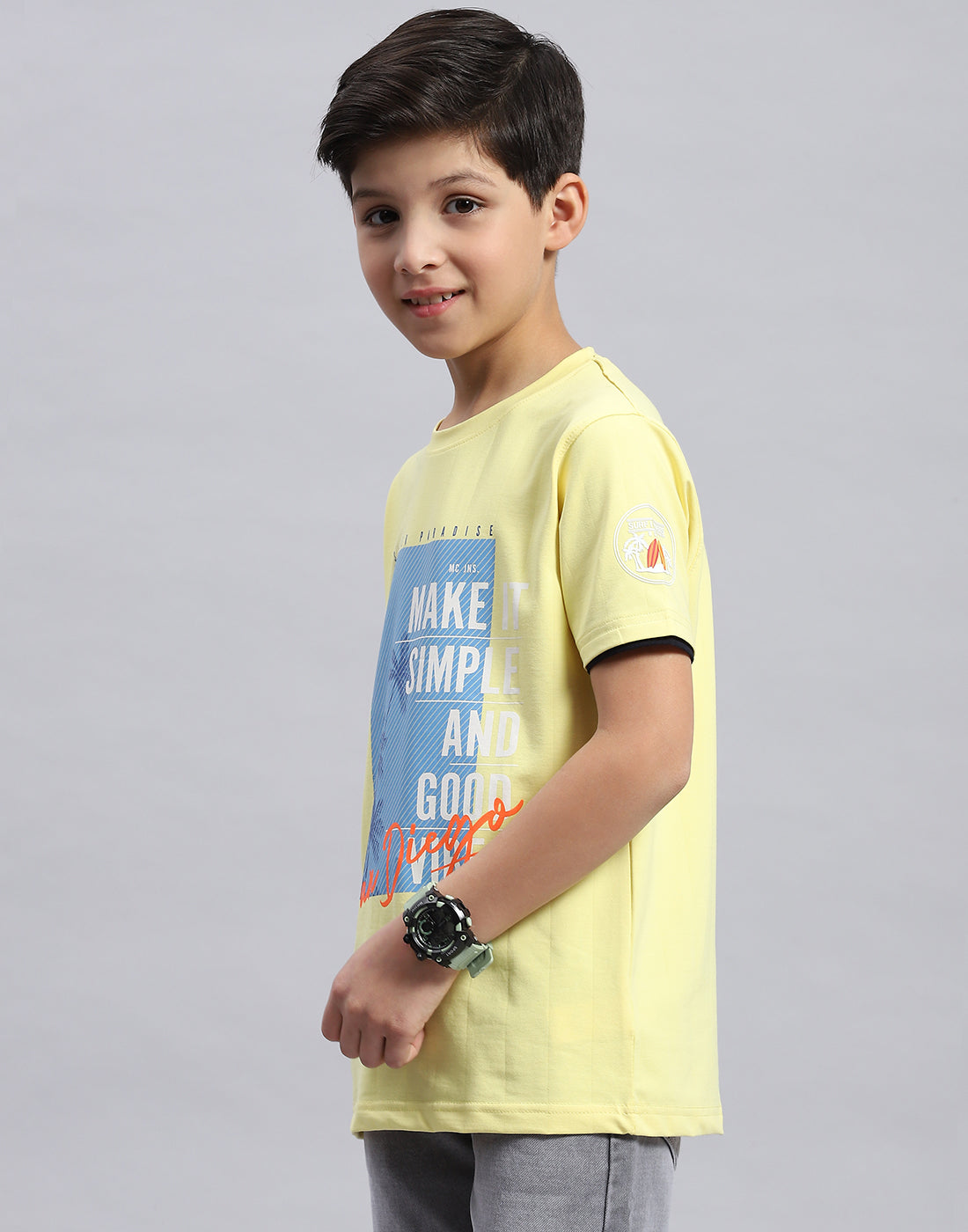 Boys Yellow Printed Round Neck Half Sleeve T-Shirt