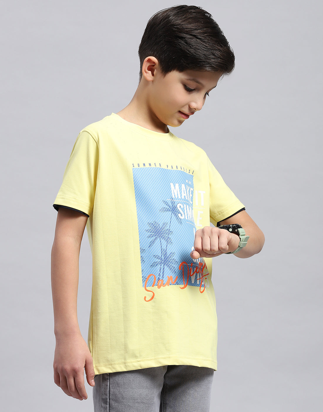 Boys Yellow Printed Round Neck Half Sleeve T-Shirt