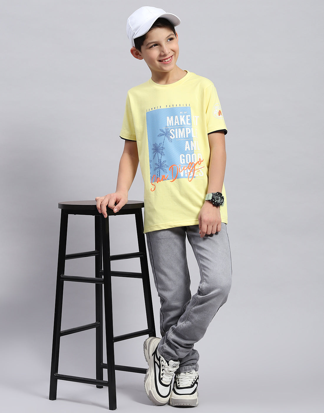 Boys Yellow Printed Round Neck Half Sleeve T-Shirt