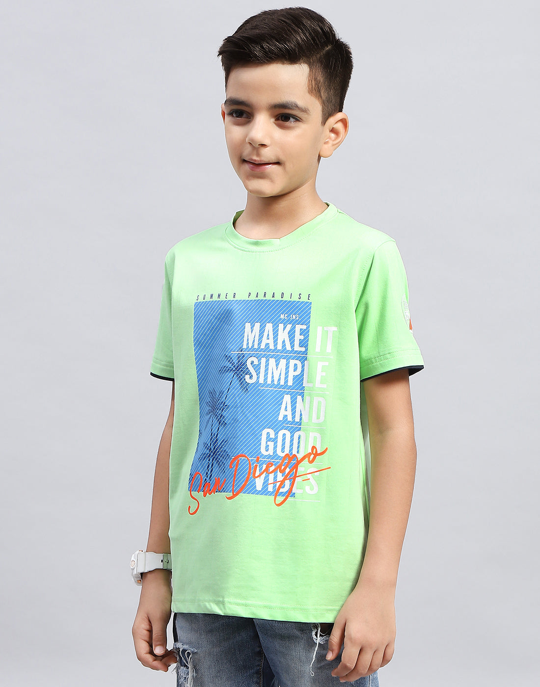 Boys Green Printed Round Neck Half Sleeve T-Shirt