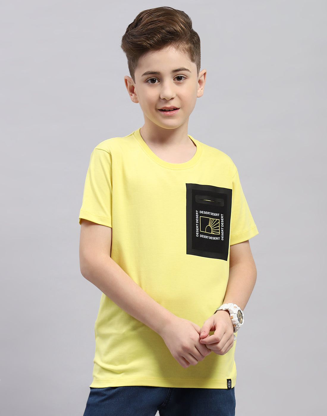 Boys Yellow Printed Round Neck Half Sleeve T-Shirt