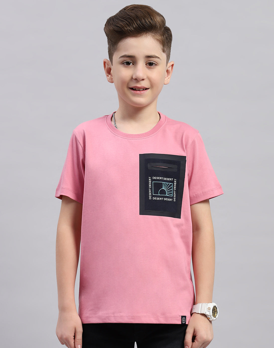 Boys Pink Printed Round Neck Half Sleeve T-Shirt