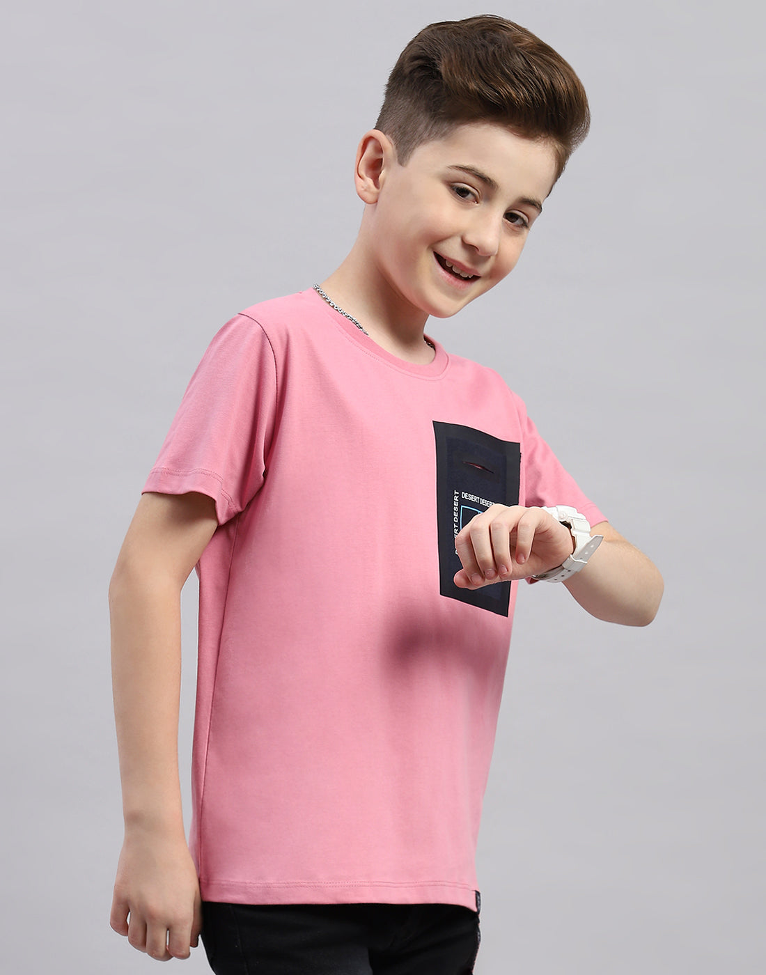 Boys Pink Printed Round Neck Half Sleeve T-Shirt