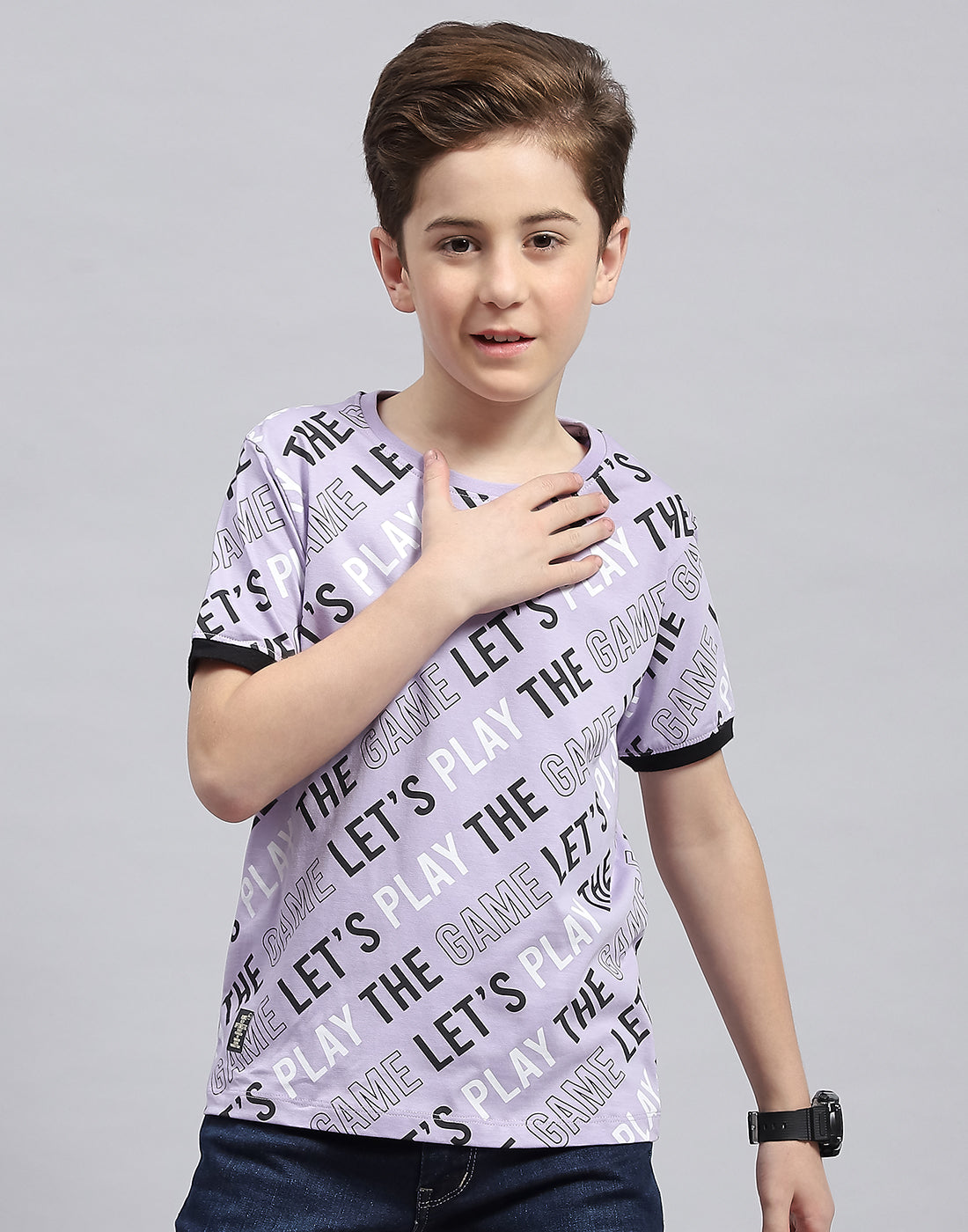 Boys Purple Printed Round Neck Half Sleeve T-Shirt