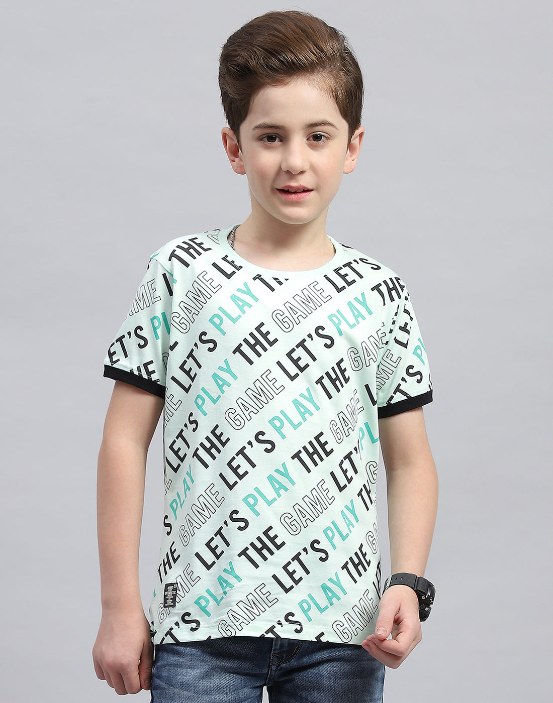 Boys Aqua Blue Printed Round Neck Half Sleeve T-Shirt