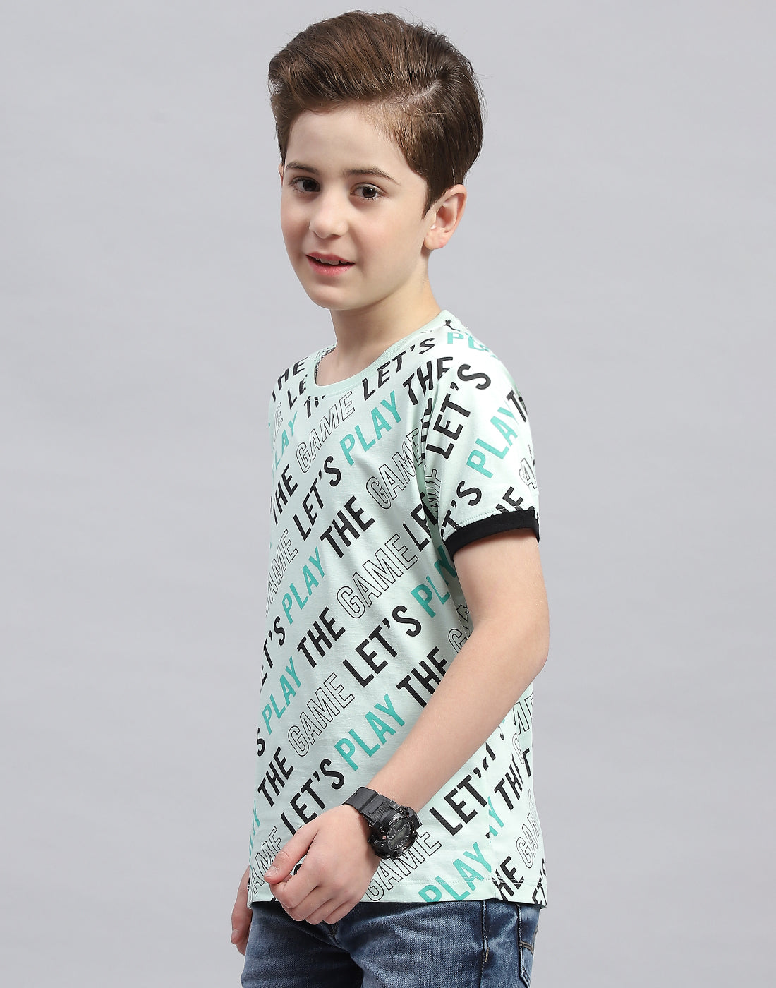 Boys Aqua Blue Printed Round Neck Half Sleeve T-Shirt
