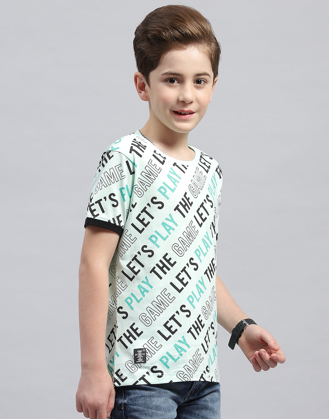 Boys Aqua Blue Printed Round Neck Half Sleeve T-Shirt