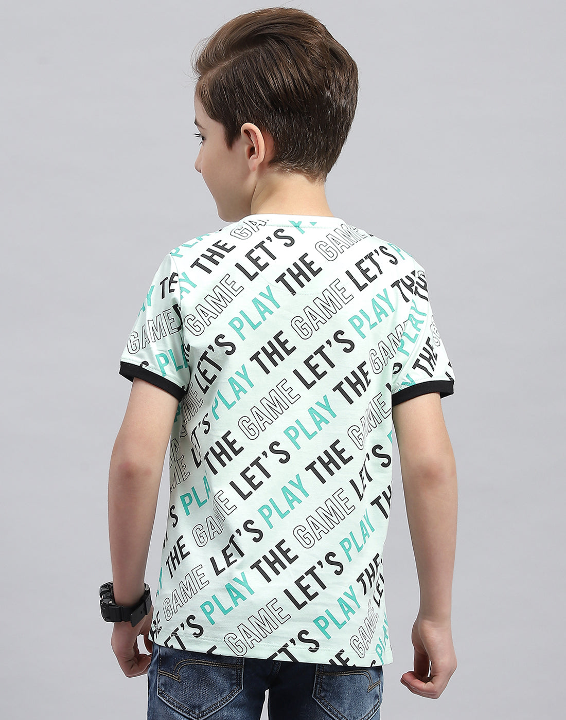 Boys Aqua Blue Printed Round Neck Half Sleeve T-Shirt