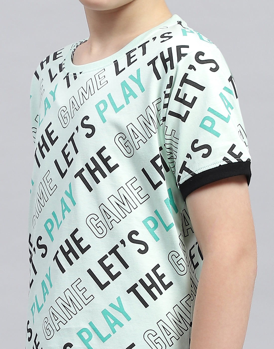 Boys Aqua Blue Printed Round Neck Half Sleeve T-Shirt