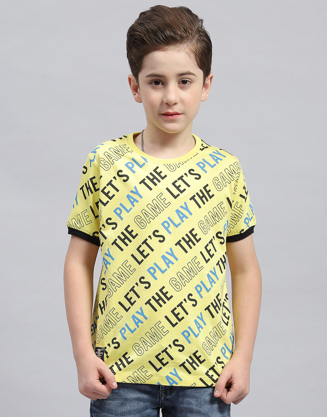 Boys Yellow Printed Round Neck Half Sleeve T-Shirt