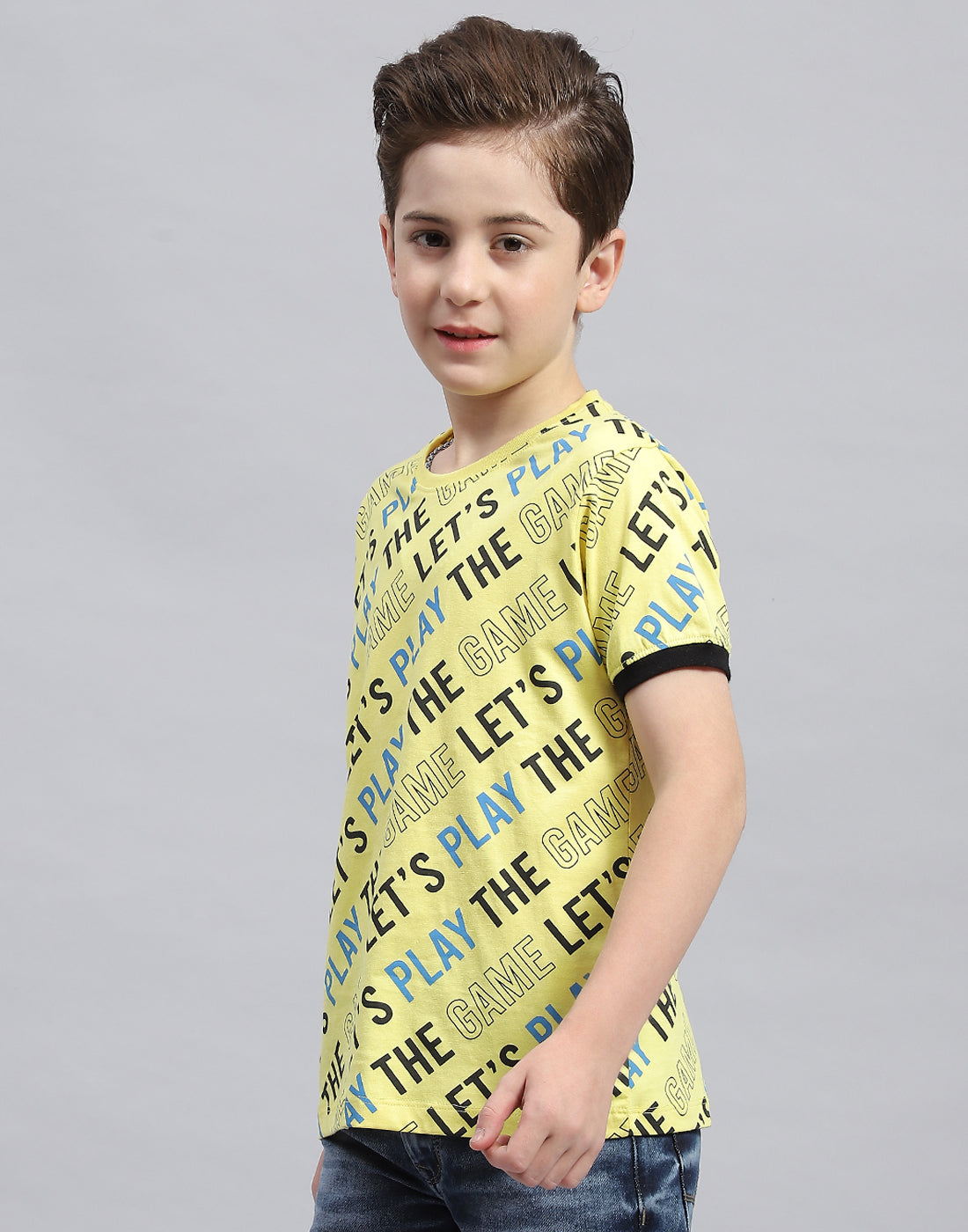 Boys Yellow Printed Round Neck Half Sleeve T-Shirt