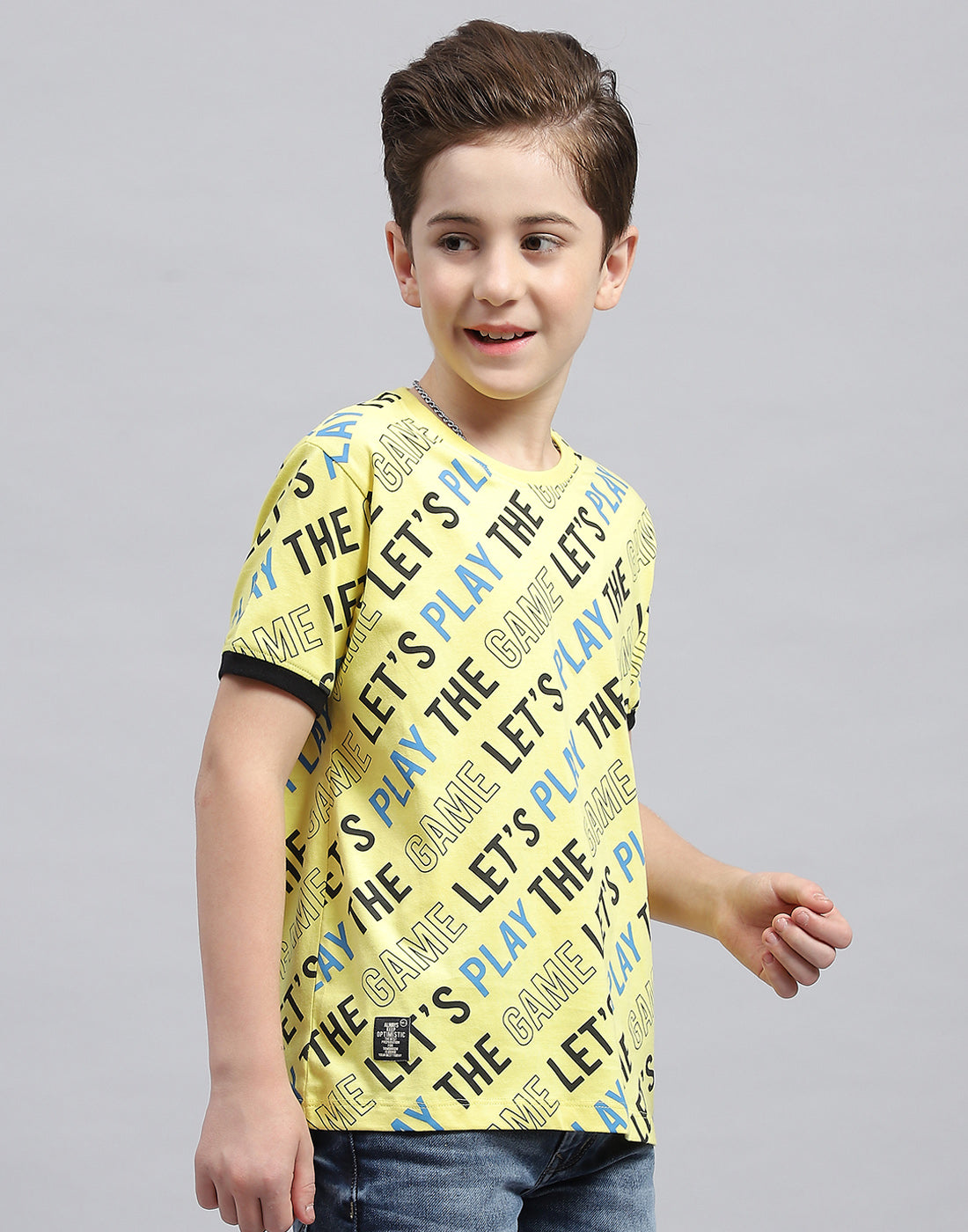 Boys Yellow Printed Round Neck Half Sleeve T-Shirt
