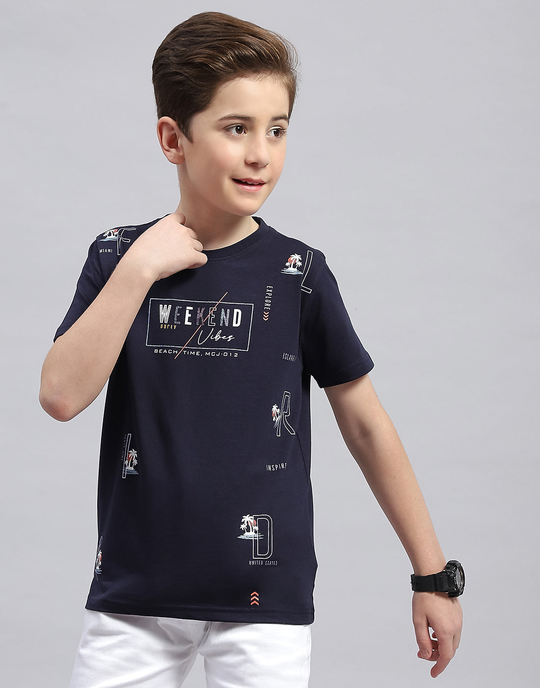 Boys Navy Blue Printed Round Neck Half Sleeve T-Shirt