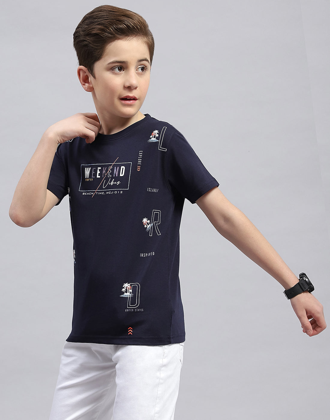 Boys Navy Blue Printed Round Neck Half Sleeve T-Shirt
