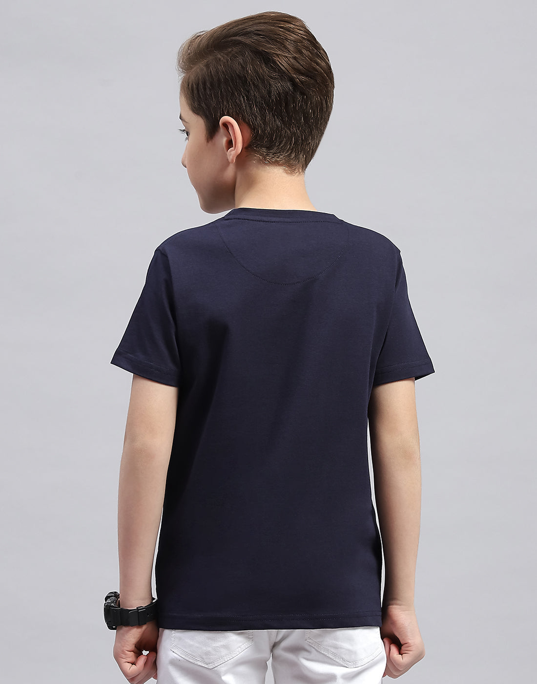 Boys Navy Blue Printed Round Neck Half Sleeve T-Shirt