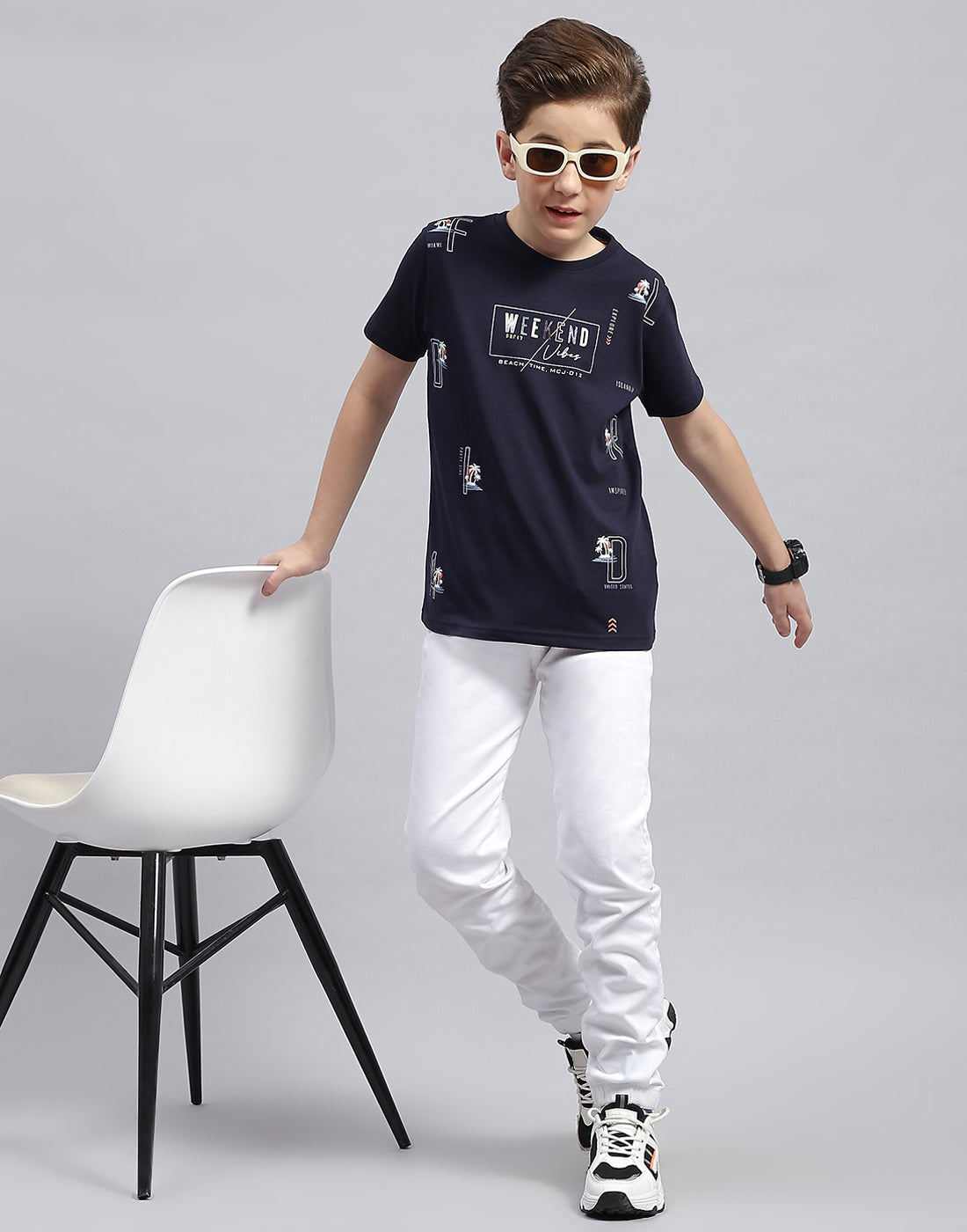 Boys Navy Blue Printed Round Neck Half Sleeve T-Shirt