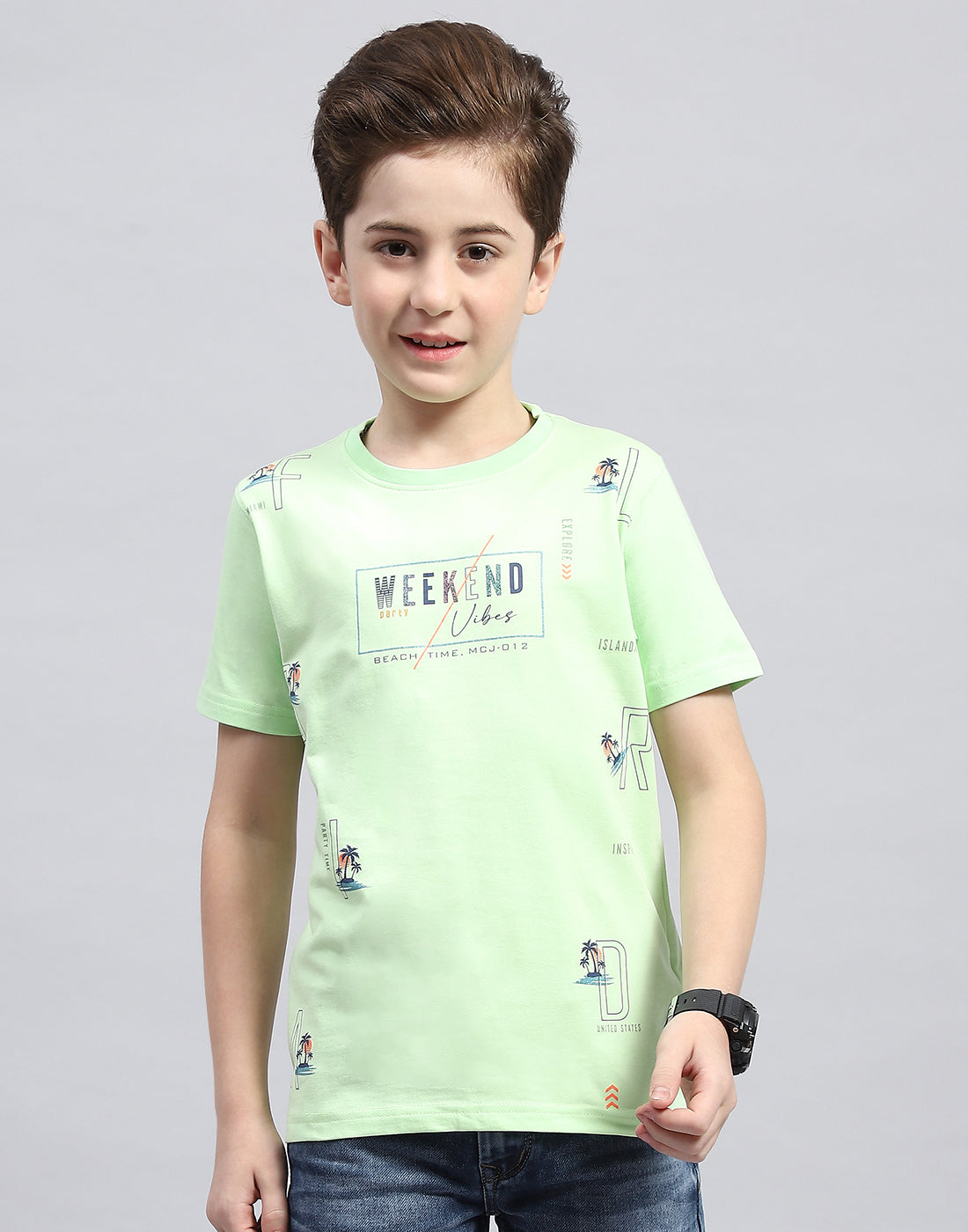 Boys Green Printed Round Neck Half Sleeve T-Shirt