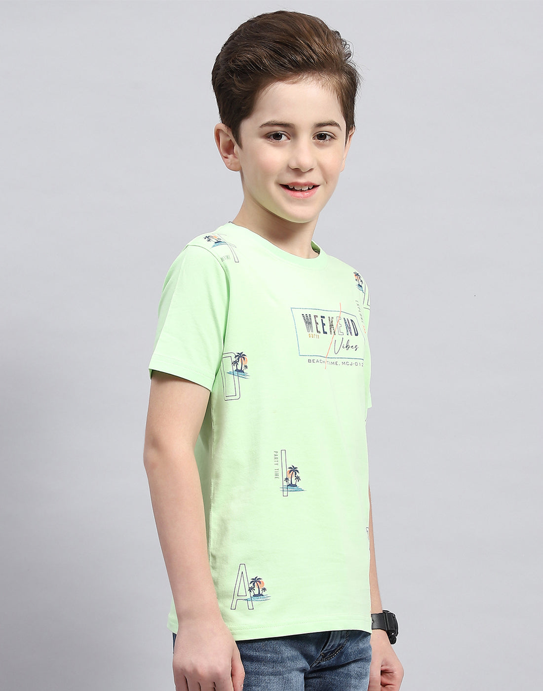 Boys Green Printed Round Neck Half Sleeve T-Shirt