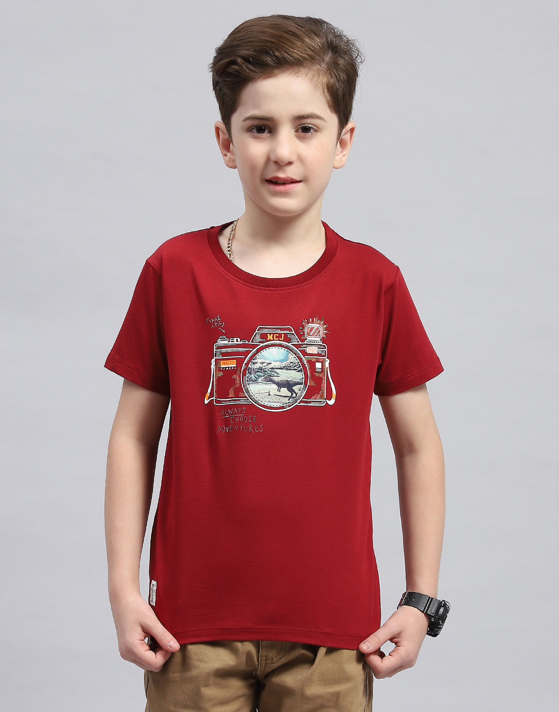 Boys Maroon Printed Round Neck Half Sleeve T-Shirt