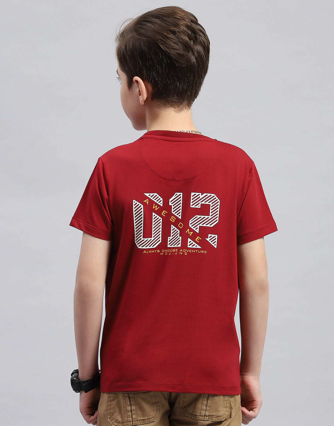 Boys Maroon Printed Round Neck Half Sleeve T-Shirt