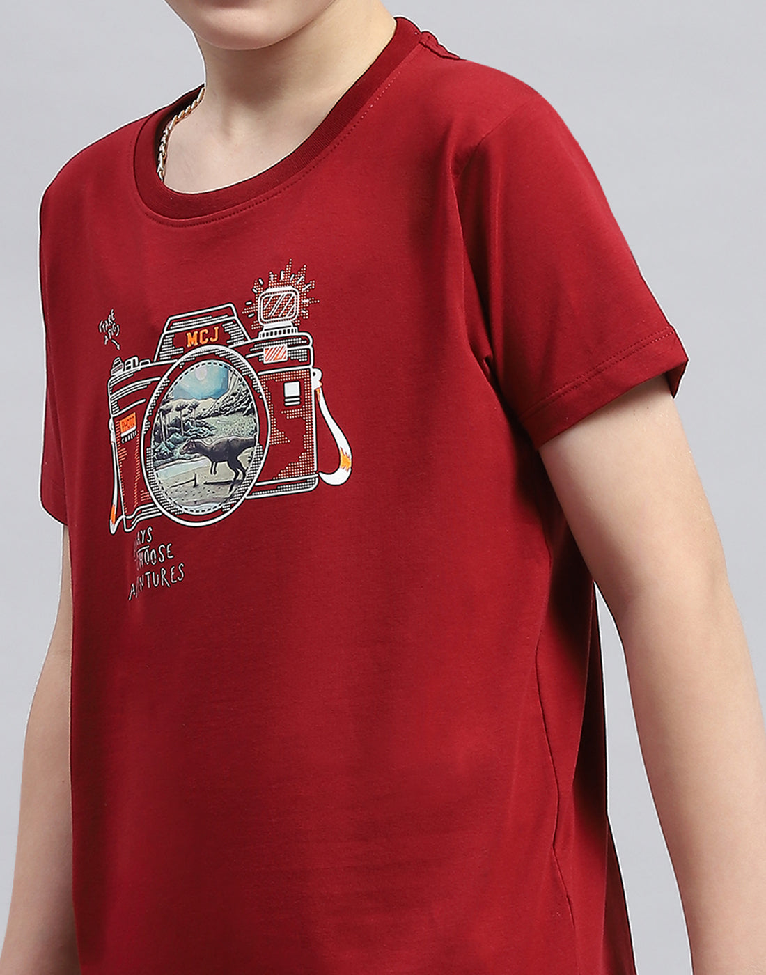 Boys Maroon Printed Round Neck Half Sleeve T-Shirt