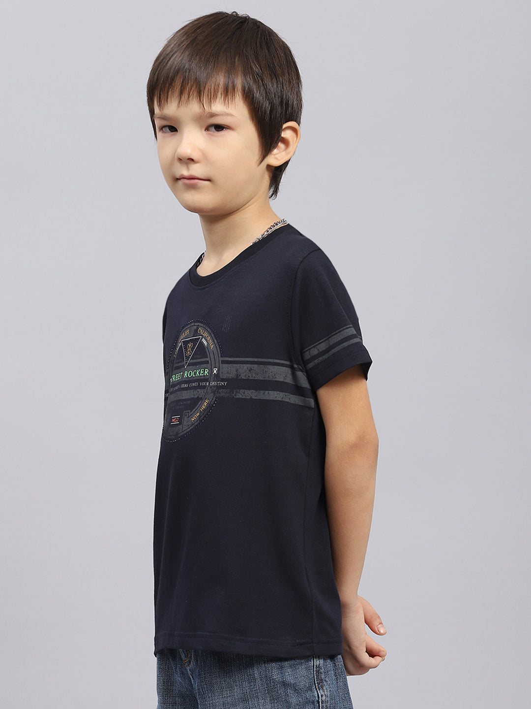 Boys Navy Blue Self Design Round Neck Half Sleeve T-Shirt