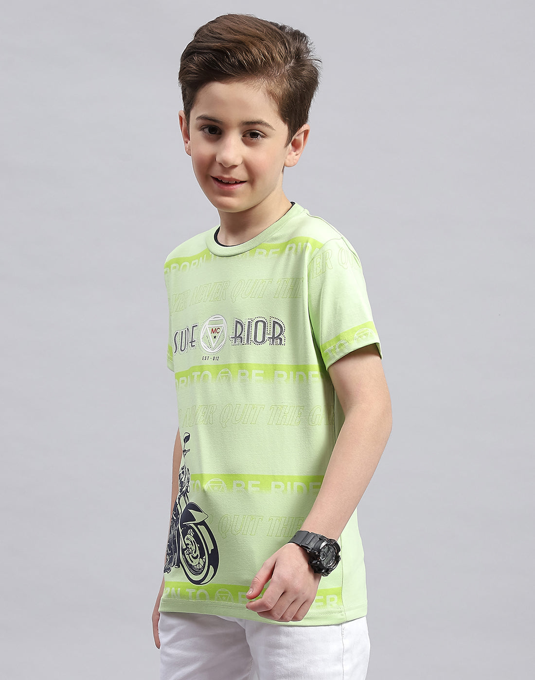 Boys Green Printed Round Neck Half Sleeve T-Shirt