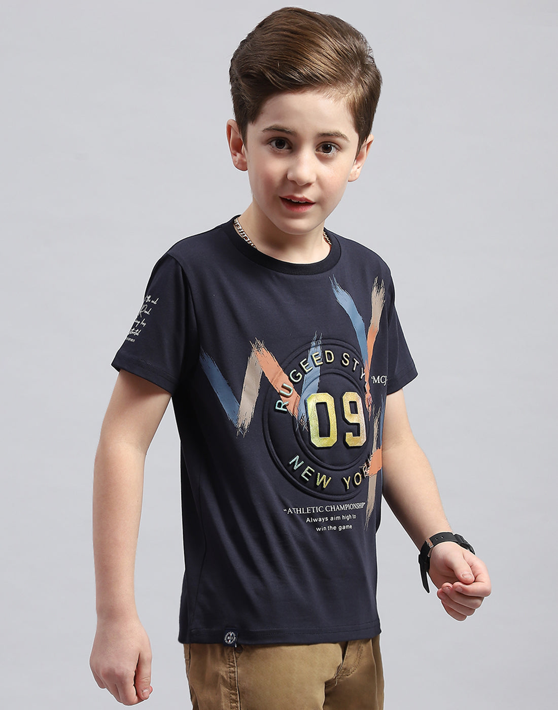 Boys Navy Blue Printed Round Neck Half Sleeve T-Shirt