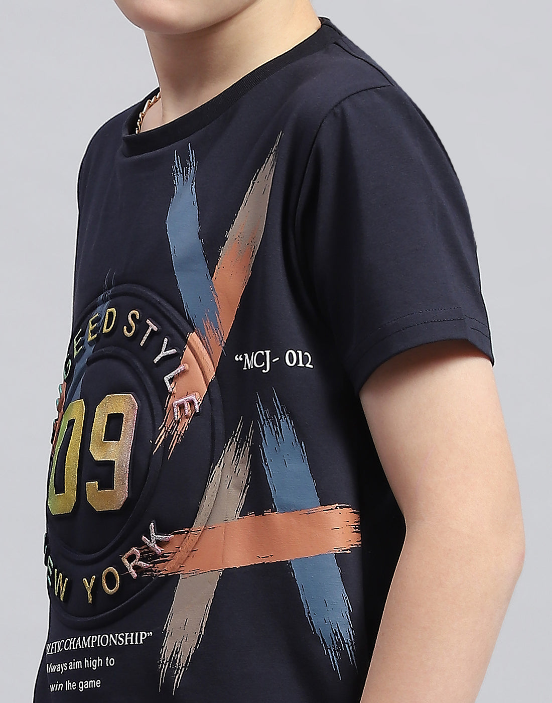 Boys Navy Blue Printed Round Neck Half Sleeve T-Shirt