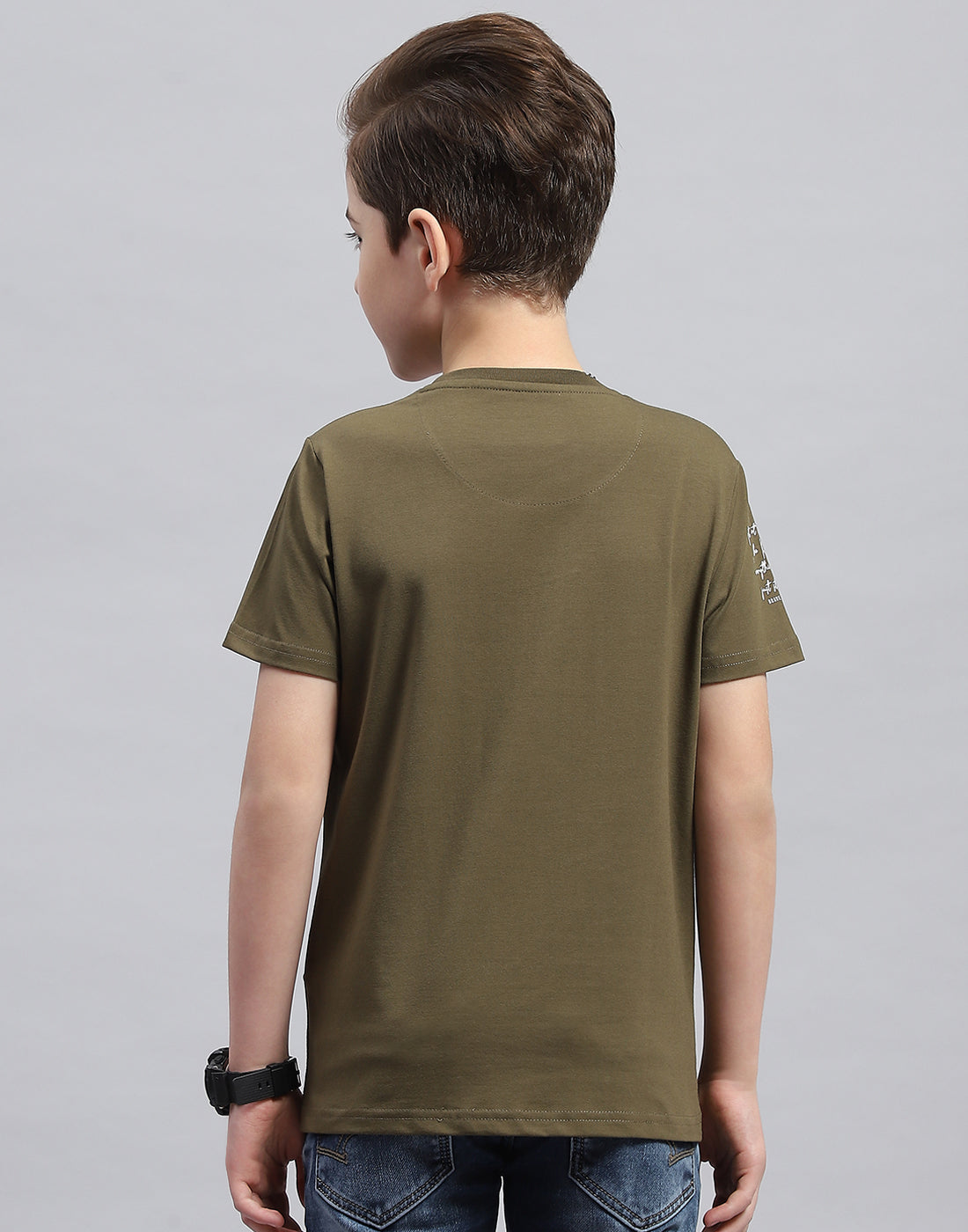 Boys Olive Printed Round Neck Half Sleeve T-Shirt