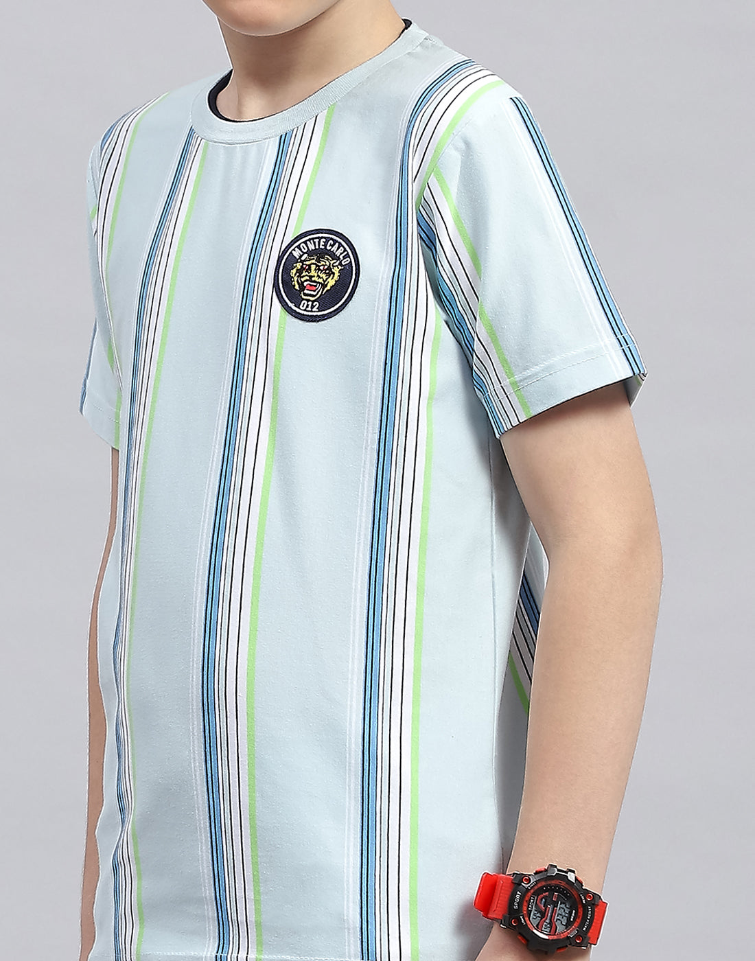Boys Sky Blue Stripe Round Neck Half Sleeve T-Shirt