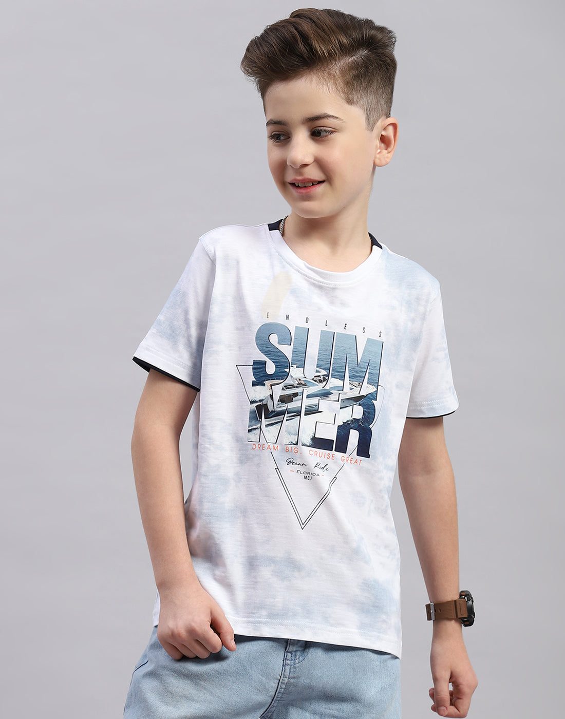 Boys Off White Printed Round Neck Half Sleeve T-Shirt