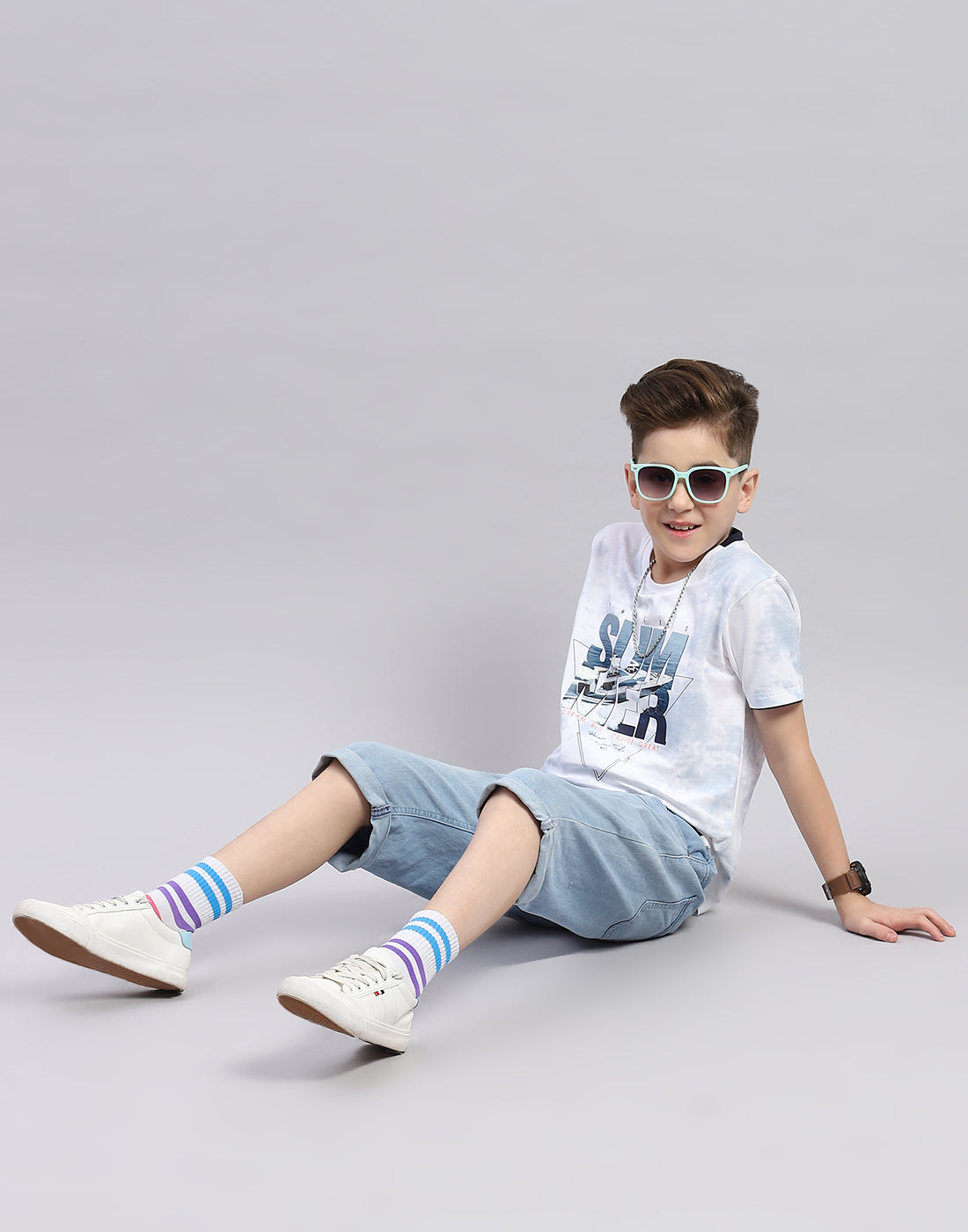 Boys Off White Printed Round Neck Half Sleeve T-Shirt