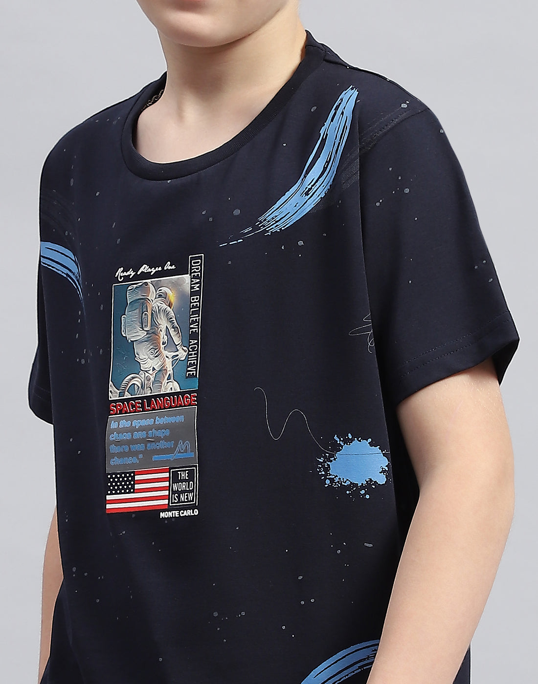 Boys Navy Blue Printed Round Neck Half Sleeve T-Shirt