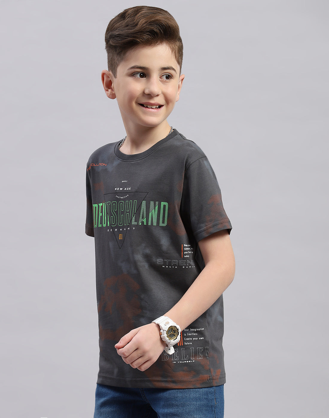 Boys Grey Printed Round Neck Half Sleeve T-Shirt