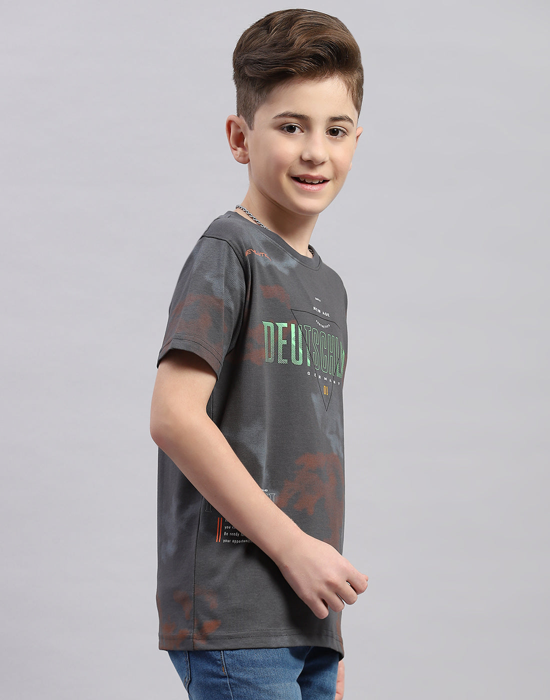 Boys Grey Printed Round Neck Half Sleeve T-Shirt