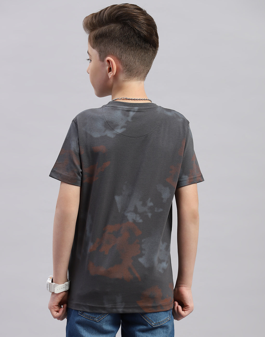 Boys Grey Printed Round Neck Half Sleeve T-Shirt