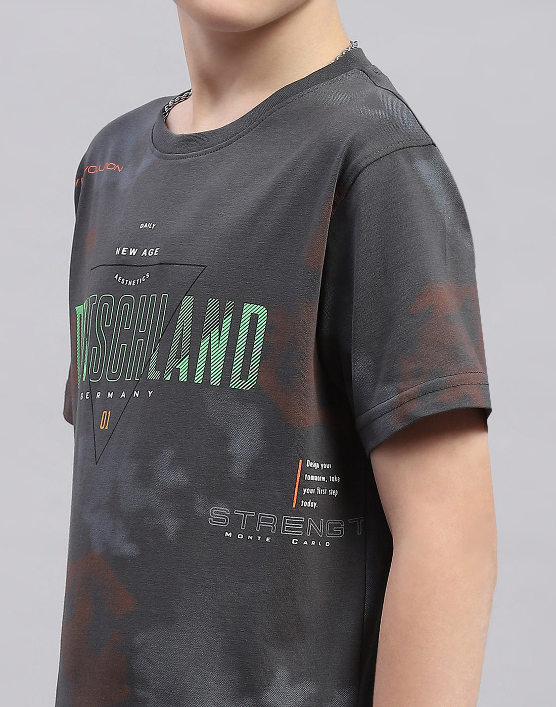 Boys Grey Printed Round Neck Half Sleeve T-Shirt