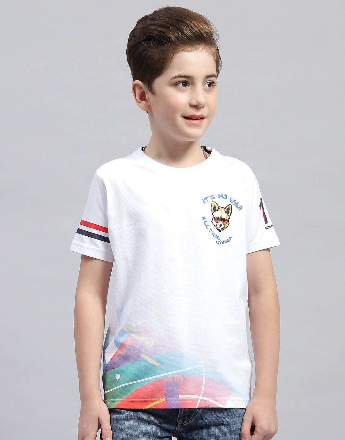 Boys White Printed Round Neck Half Sleeve T-Shirt
