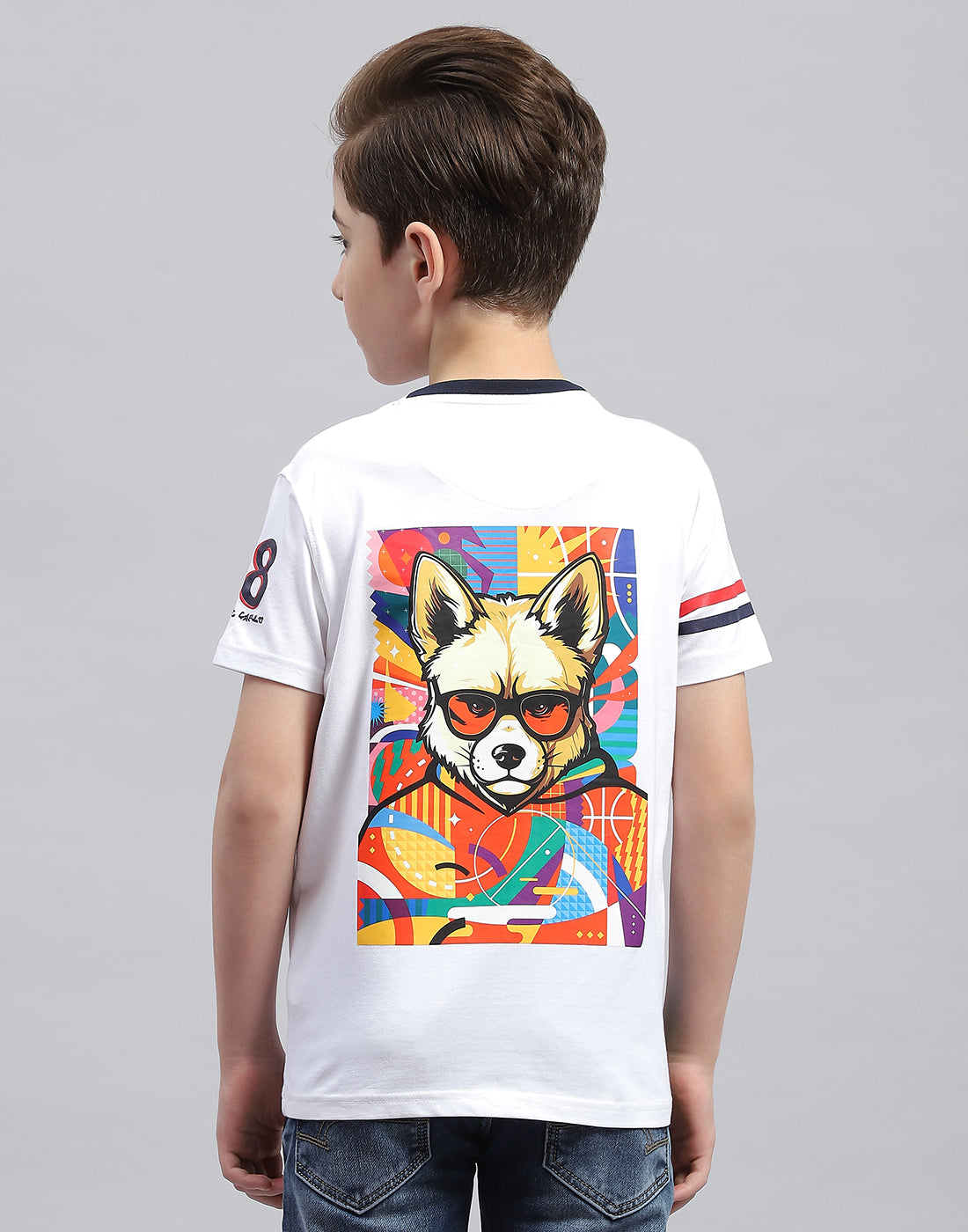 Boys White Printed Round Neck Half Sleeve T-Shirt