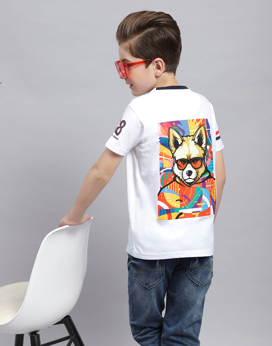 Boys White Printed Round Neck Half Sleeve T-Shirt