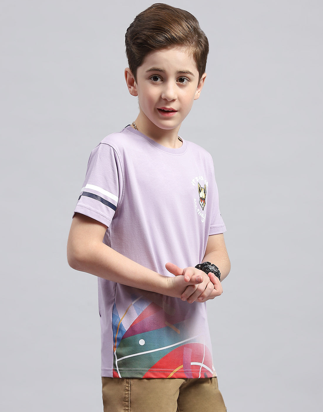 Boys Purple Printed Round Neck Half Sleeve T-Shirt