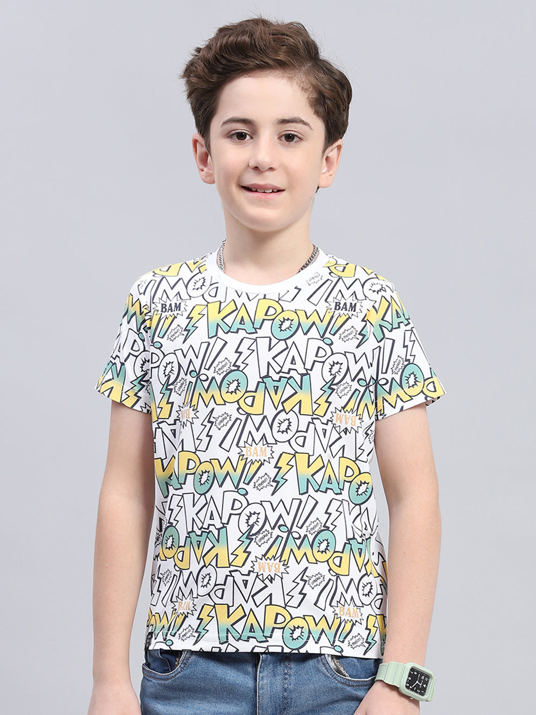 Boys White Printed Round Neck Half Sleeve T-Shirt