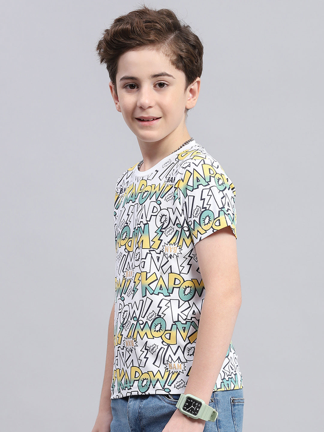 Boys White Printed Round Neck Half Sleeve T-Shirt