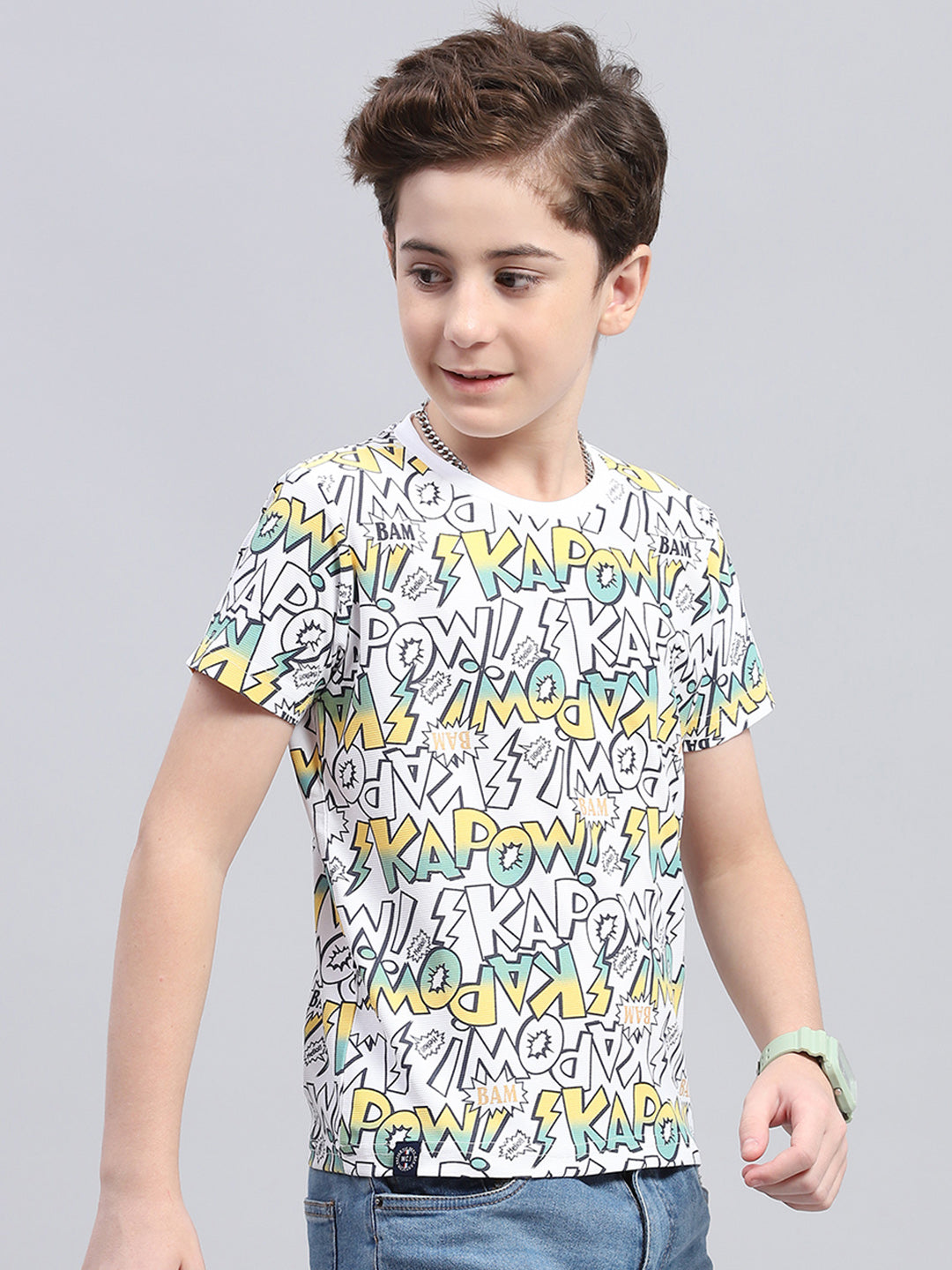 Boys White Printed Round Neck Half Sleeve T-Shirt