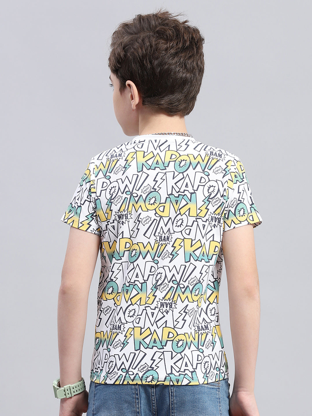 Boys White Printed Round Neck Half Sleeve T-Shirt